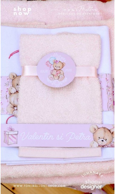 Trusou botez cu ursuleti roz si broderie personalizata Teddy Bear Pink 2